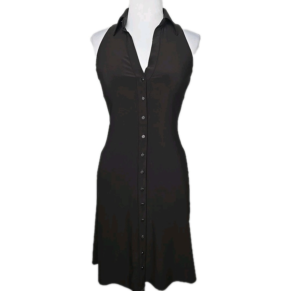 WHBM Black Stretch-Knit V-Neck Sleeveless Button-Front Dress XXS Halter Style